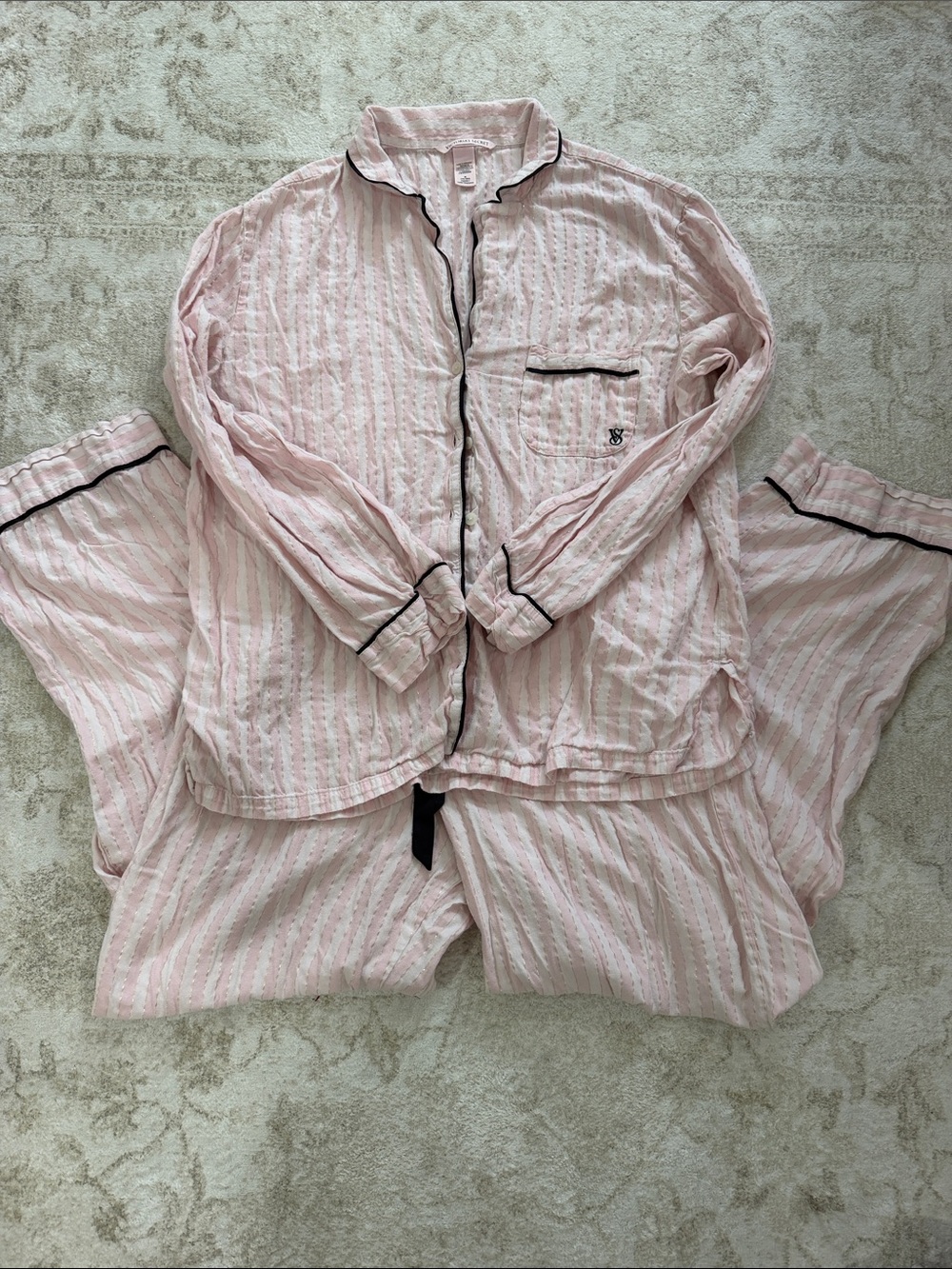 Victoria's Secret Pink Striped Pajama Set with Black Piping